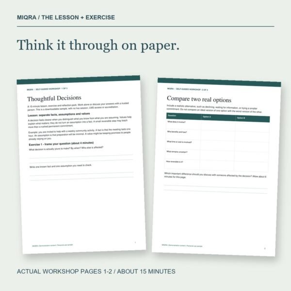 Actual workshop lesson and option-comparison exercise